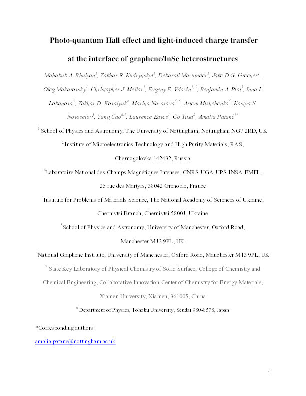 Photo-quantum Hall effect and light-induced charge transfer at the interface of graphene/InSe heterostructures Thumbnail