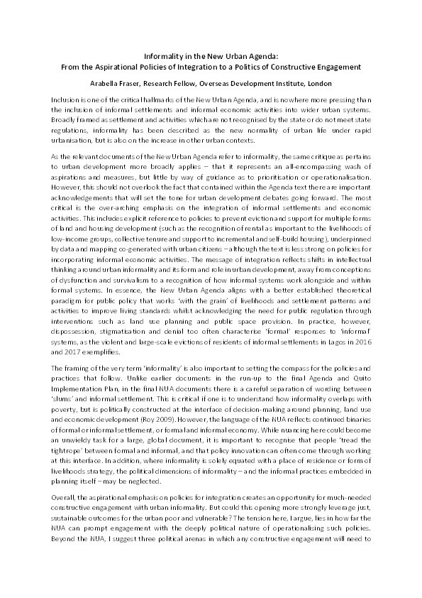 Informality in the New Urban Agenda: from the aspirational policies of integration to a politics of constructive engagement Thumbnail