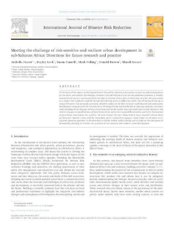 Meeting the challenge of risk-sensitive and resilient urban development in sub-Saharan Africa: Directions for future research and practice Thumbnail