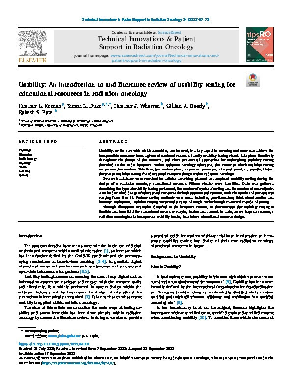 Usability: An introduction to and literature review of usability testing for educational resources in radiation oncology Thumbnail