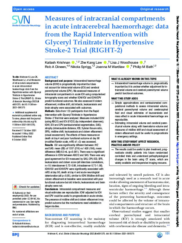 Measures of intracranial compartments in acute intracerebral haemorrhage: data from the Rapid Intervention with Glyceryl Trinitrate in Hypertensive Stroke-2 Trial (RIGHT-2) Thumbnail
