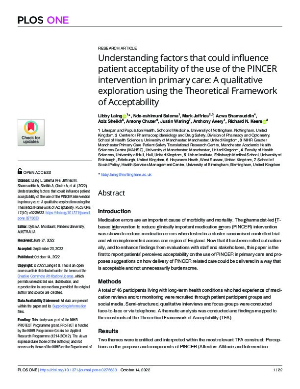 Understanding factors that could influence patient acceptability of the use of the PINCER intervention in primary care: A qualitative exploration using the Theoretical Framework of Acceptability Thumbnail