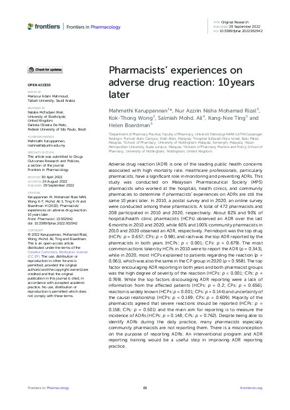 Pharmacists’ experiences on adverse drug reaction: 10 years later Thumbnail