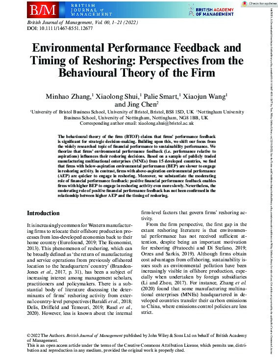 Environmental Performance Feedback and Timing of Reshoring: Perspectives from the Behavioural Theory of the Firm Thumbnail