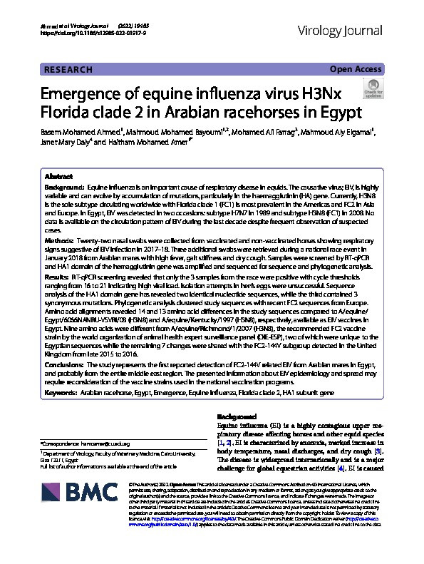 Emergence of equine influenza virus H3Nx Florida clade 2 in Arabian racehorses in Egypt Thumbnail