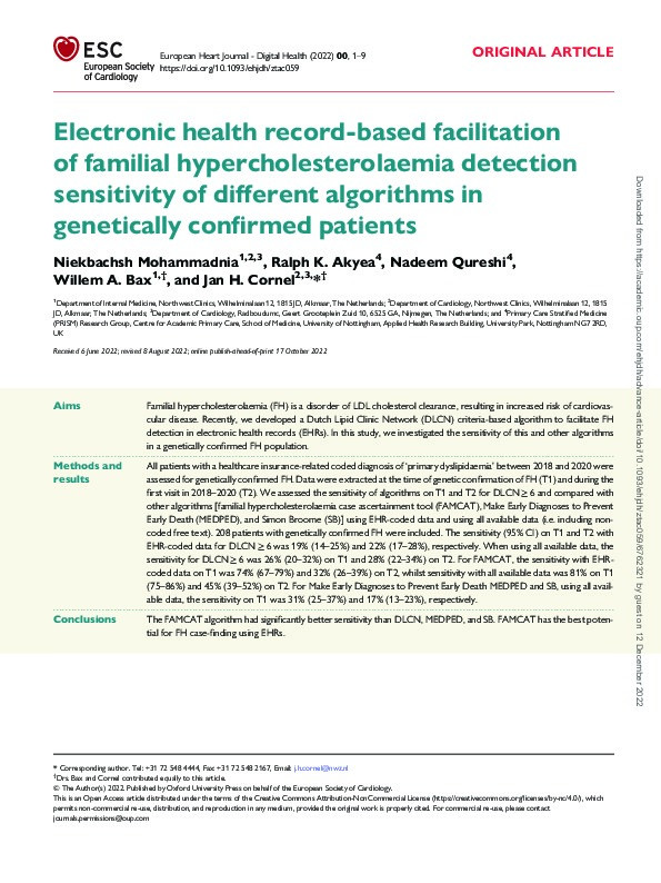 Electronic health record-based facilitation of familial hypercholesterolaemia detection sensitivity of different algorithms in genetically confirmed patients Thumbnail