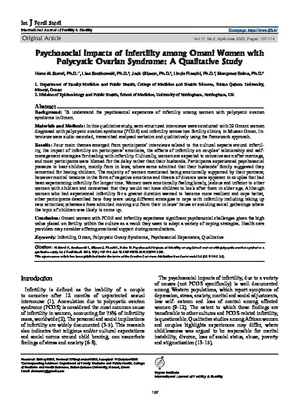 Psychosocial Impacts of Infertility among Omani Women with Polycystic Ovarian Syndrome: A Qualitative Study Thumbnail