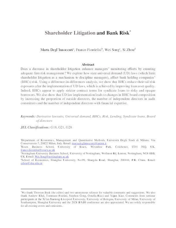 Shareholder litigation and bank risk Thumbnail