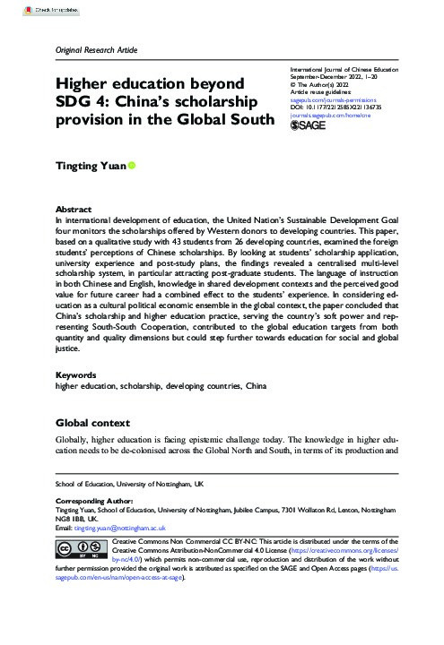 Higher education beyond SDG 4: China’s scholarship provision in the Global South Thumbnail