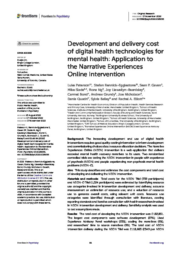 Development and delivery cost of digital health technologies for mental health: Application to the Narrative Experiences Online Intervention Thumbnail
