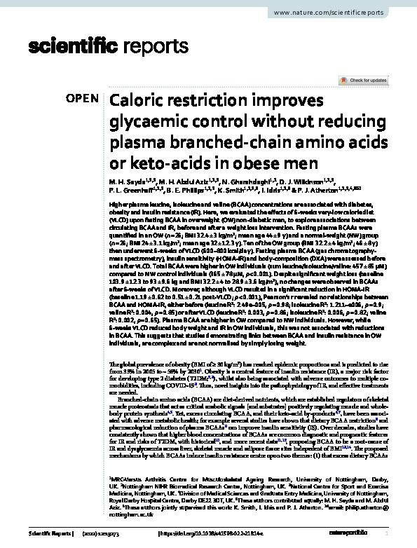 Caloric restriction improves glycaemic control without reducing plasma branched-chain amino acids or keto-acids in obese men Thumbnail