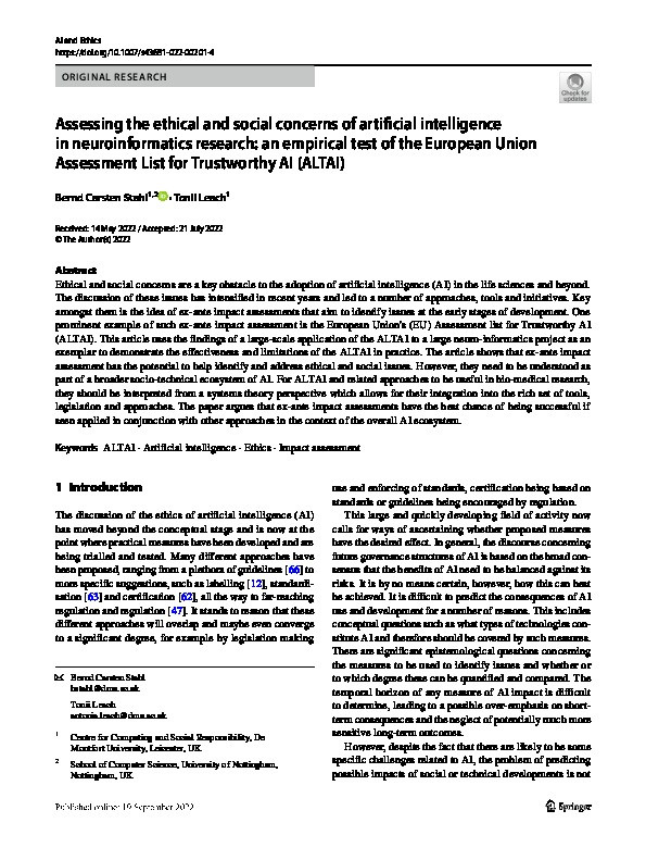 Assessing the ethical and social concerns of artificial intelligence in neuroinformatics research: an empirical test of the European Union Assessment List for Trustworthy AI (ALTAI) Thumbnail