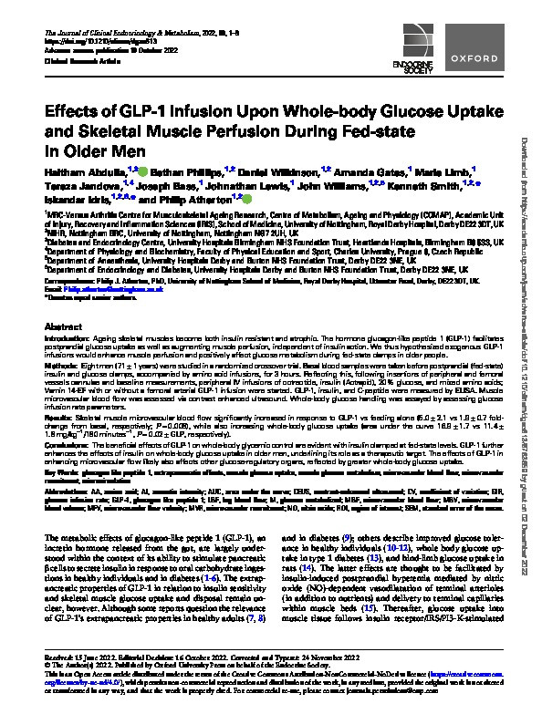 Effects of GLP-1 Infusion Upon Whole-body Glucose Uptake and Skeletal Muscle Perfusion During Fed-state in Older Men Thumbnail