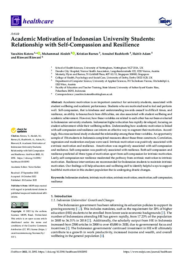 Academic Motivation of Indonesian University Students: Relationship with Self-Compassion and Resilience Thumbnail