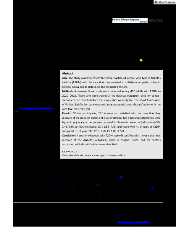 Dissatisfaction of people with type 2 diabetes with the care received at a diabetes clinic in Ningbo, China: A cross‐sectional study Thumbnail