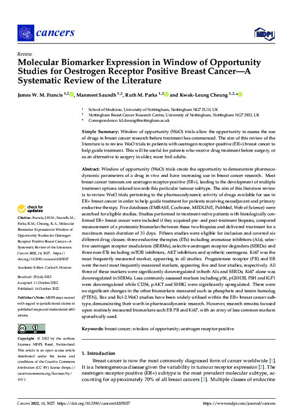 Molecular Biomarker Expression in Window of Opportunity Studies for Oestrogen Receptor Positive Breast Cancer—A Systematic Review of the Literature Thumbnail