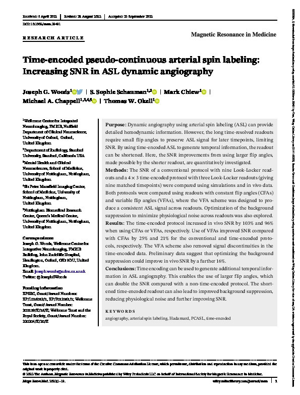 Time-encoded pseudo-continuous arterial spin labeling: Increasing SNR in ASL dynamic angiography Thumbnail