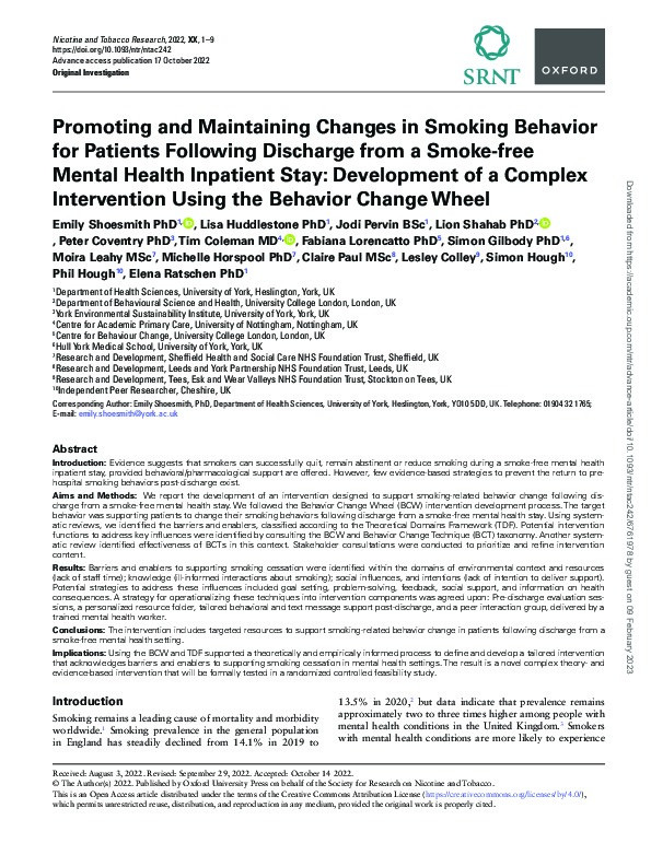 Promoting and maintaining changes in smoking behaviour for patients following discharge from a smokefree mental health inpatient stay: Development of a complex intervention using the Behaviour Change Wheel. Thumbnail