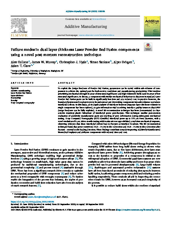 Failure modes in dual layer thickness Laser Powder Bed Fusion components using a novel post-mortem reconstruction technique Thumbnail