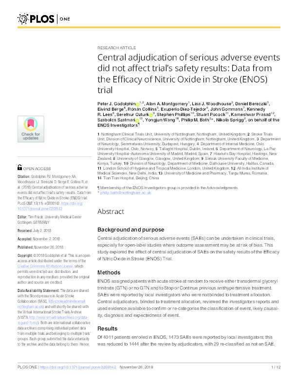 Central adjudication of serious events did not affect trial's safety results: data from the Efficacy of Nitric Acid in Stroke (ENOS trial) Thumbnail