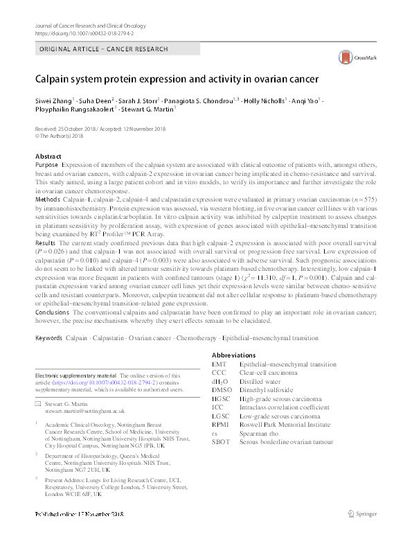 Calpain system protein expression and activity in ovarian cancer Thumbnail