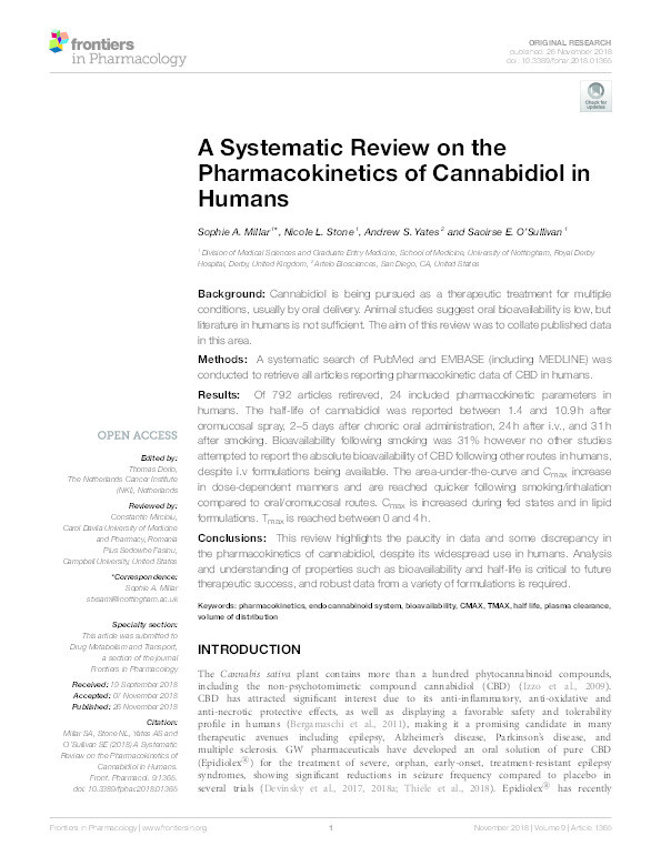 A systematic review on the pharmacokinetics of cannabidiol in humans Thumbnail