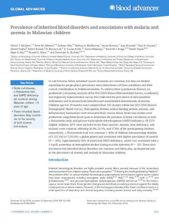 Prevalence of inherited blood disorders and associations with malaria and anemia in Malawian children Thumbnail