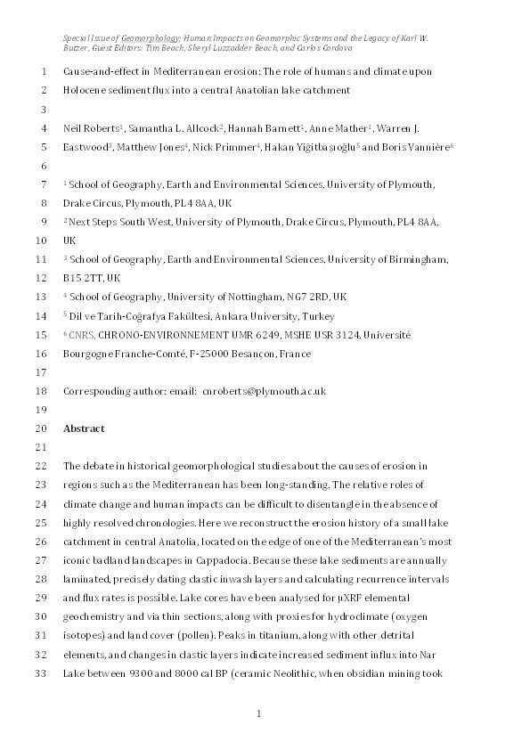 Cause-and-effect in Mediterranean erosion: the role of humans and climate upon Holocene sediment flux into a central Anatolian lake catchment Thumbnail