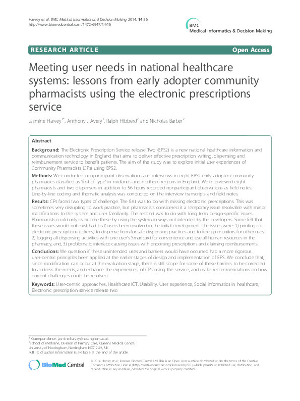 Meeting user needs in national healthcare systems: lessons from early adopter community pharmacists using the electronic prescriptions service Thumbnail