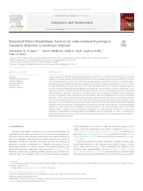 Integrated Object-Based Image Analysis for semi-automated geological lineament detection in Southwest England Thumbnail