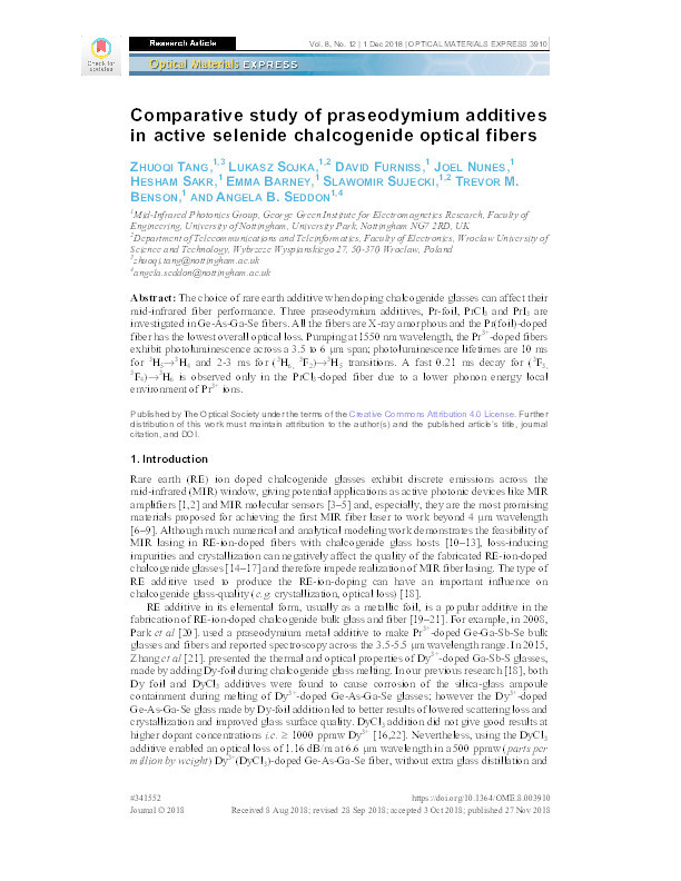 Comparative study of praseodymium additives in active selenide chalcogenide optical fibers Thumbnail