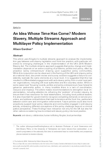 An idea whose time has come? : modern slavery, multiple streams approach and multi-layer policy implementation Thumbnail