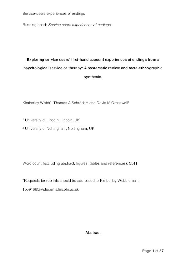 Service users’ first accounts of experiencing endings from a psychological service or therapy: a systematic review and meta-ethnographic synthesis Thumbnail