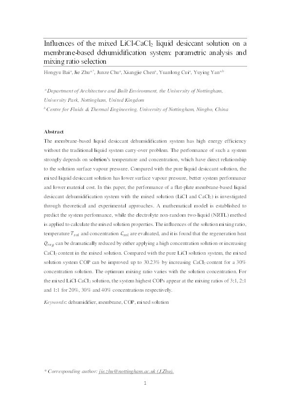 Influences of the mixed LiCl-CaCl 2 liquid desiccant solution on a membrane-based dehumidification system: parametric analysis and mixing ratio selection Thumbnail