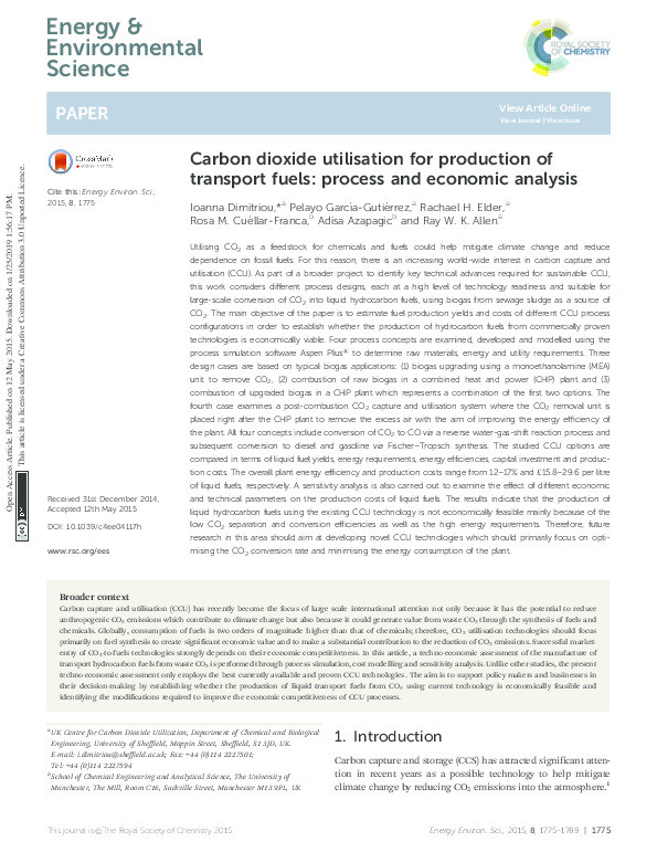 Carbon dioxide utilisation for production of transport fuels: process and economic analysis Thumbnail