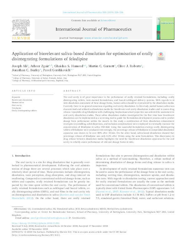 Application of biorelevant saliva-based dissolution for optimisation of orally disintegrating formulations of felodipine Thumbnail