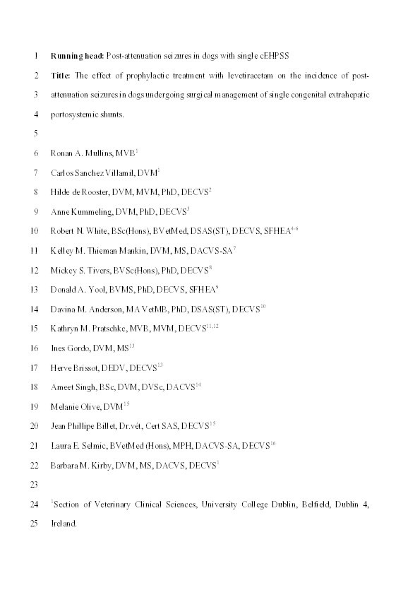 The effect of prophylactic treatment with levetiracetam on the incidence of post-attenuation seizures in dogs undergoing surgical management of single congenital extrahepatic portosystemic shunts Thumbnail