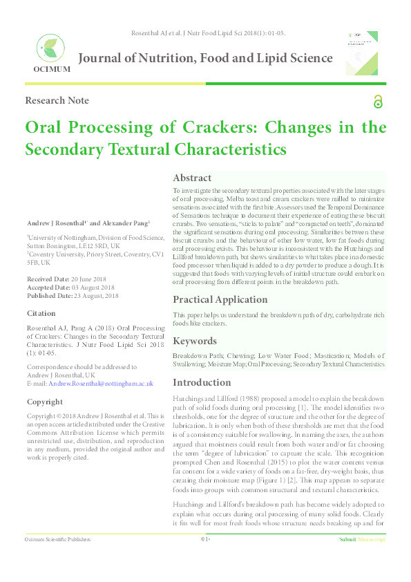 Oral processing of crackers: changes in the secondary textural characteristics Thumbnail