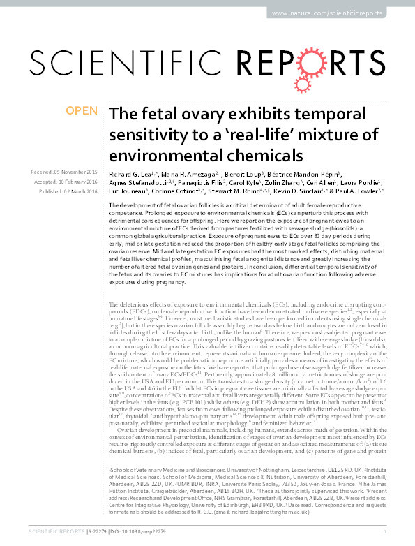 The fetal ovary exhibits temporal sensitivity to a ‘real-life’ mixture of environmental chemicals Thumbnail