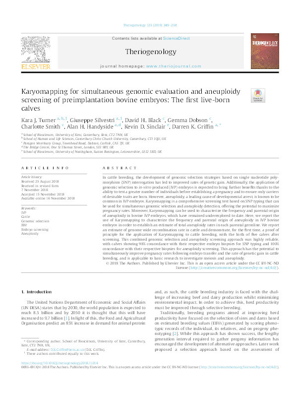 Karyomapping for simultaneous genomic evaluation and aneuploidy screening of preimplantation bovine embryos: The first live-born calves Thumbnail