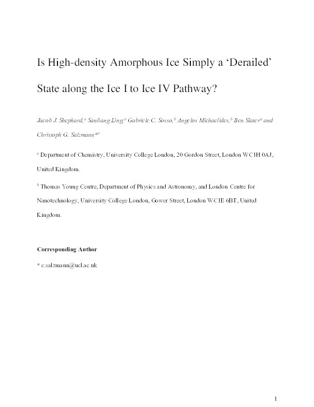 Is high-density amorphous ice simply a “derailed” state along the ice I to ice IV pathway? Thumbnail