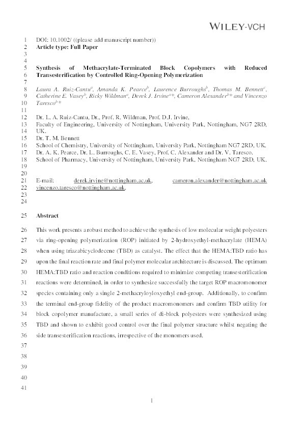 Synthesis of methacrylate-terminated block copolymers with reduced  transesterification by controlled ring-opening polymerization Thumbnail