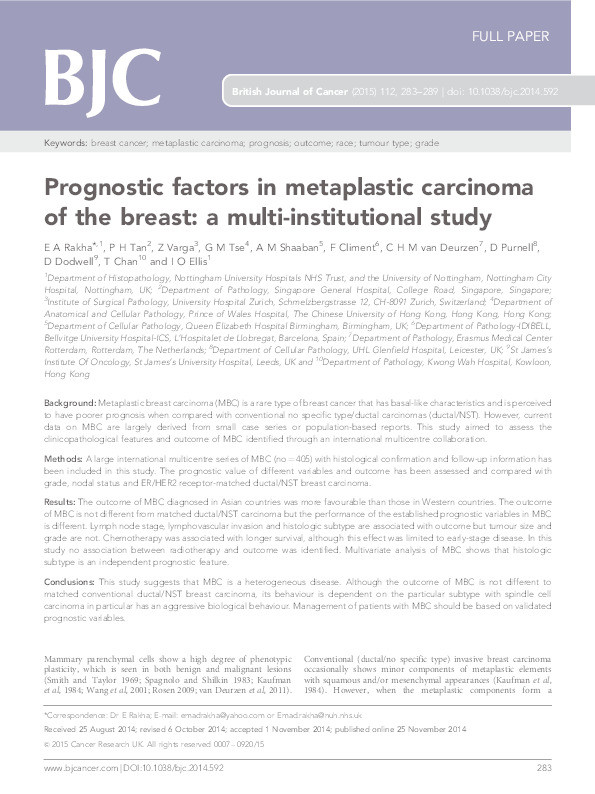 Prognostic factors in metaplastic carcinoma of the breast: a multi-institutional study Thumbnail