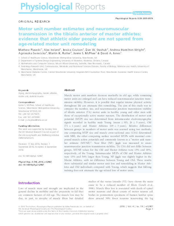 Motor unit number estimates and neuromuscular transmission in the tibialis anterior of master athletes: evidence that athletic older people are not spared from age-related motor unit remodeling Thumbnail