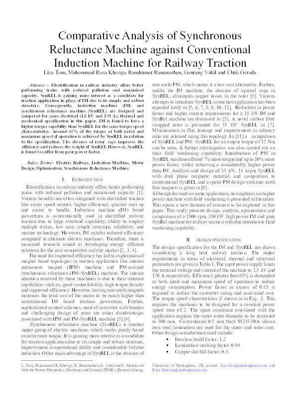 Comparative Analysis of Synchronous Reluctance Machine against Conventional Induction Machine for Railway Traction Thumbnail