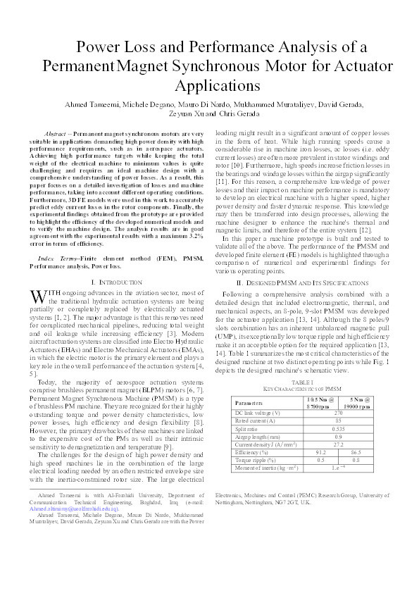 Power Loss and Performance Analysis of a Permanent Magnet Synchronous Motor for Actuator Applications Thumbnail