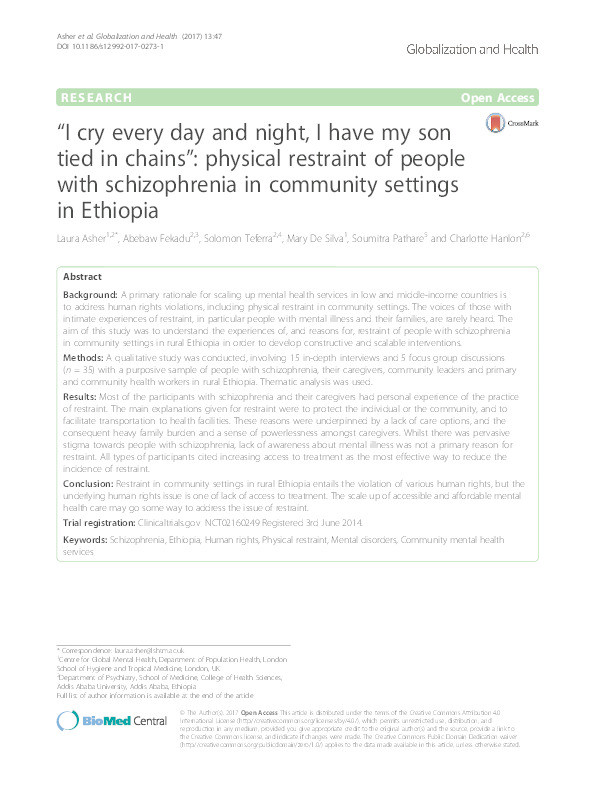 “I cry every day and night, I have my son tied in chains”: physical restraint of people with schizophrenia in community settings in Ethiopia Thumbnail