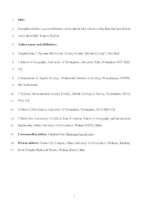 Eutrophication has a greater influence on floodplain lake carbon cycling than dam installation across the middle Yangtze region Thumbnail