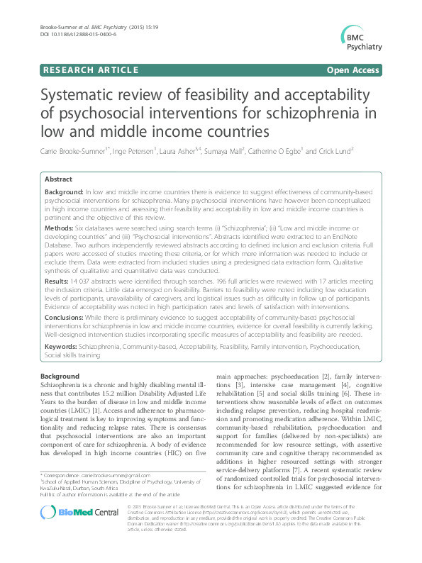 Systematic review of feasibility and acceptability of psychosocial interventions for schizophrenia in low and middle income countries Thumbnail