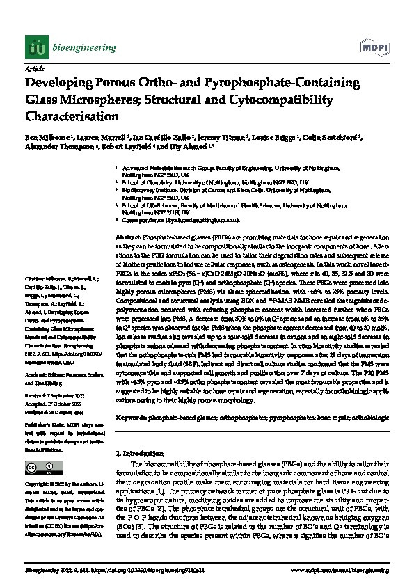Developing Porous Ortho- and Pyrophosphate-Containing Glass Microspheres; Structural and Cytocompatibility Characterisation Thumbnail